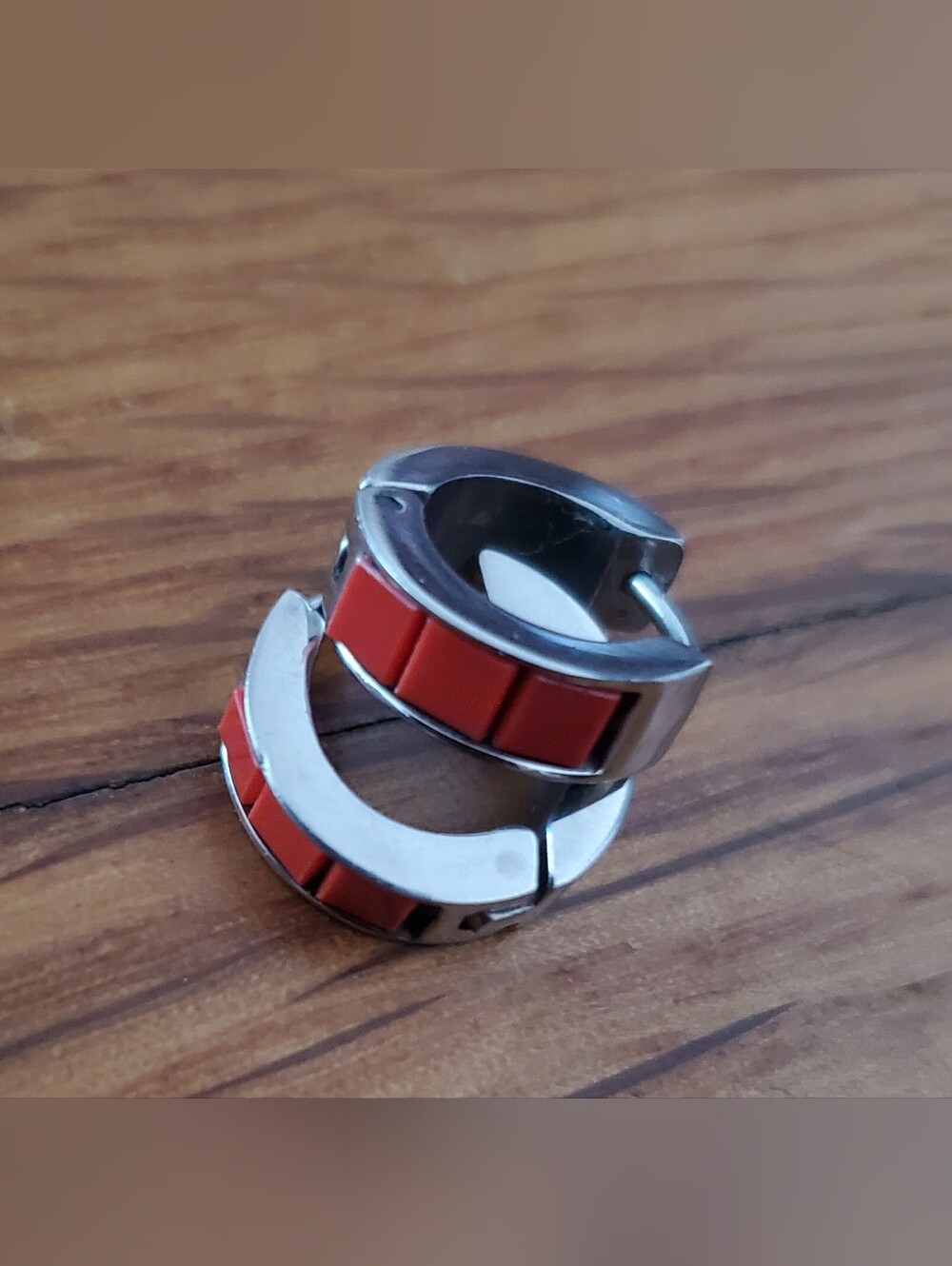 Silver Hoop Earrings with Red Inlay Huggies